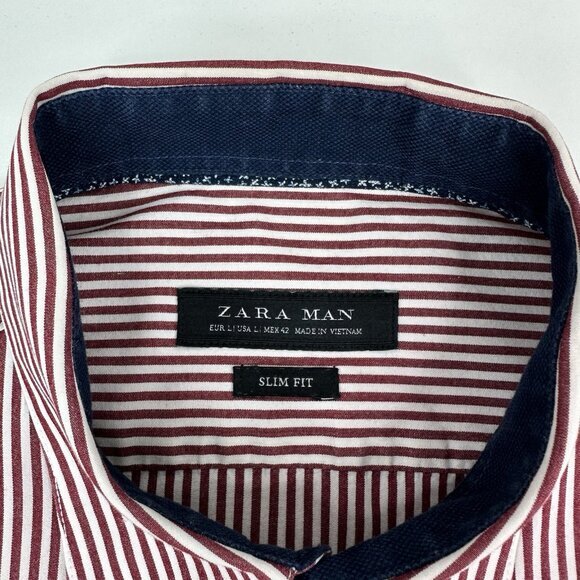 Zara Men’s Red White Slim Fit Striped Button Down Career Dress‎ Shirt L/C41.25 - Picture 5 of 11